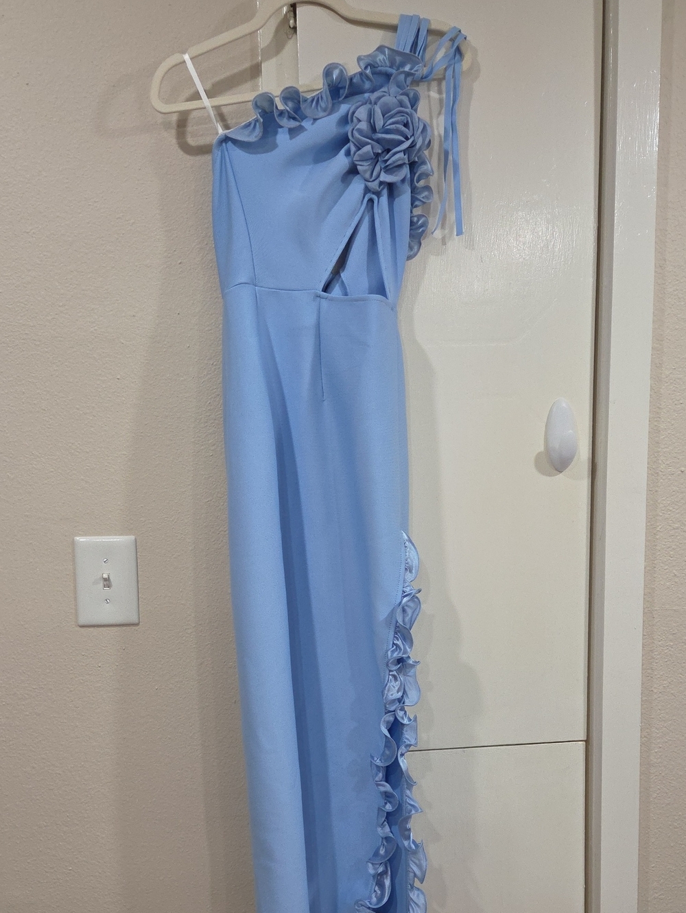 One-Shoulder Ruffle Maxi Dress in Light Blue